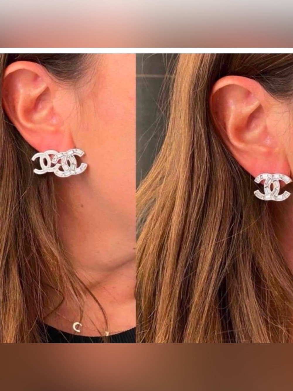 CHANEL Silver crystal Cc stud earrings